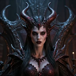 headshot portrait of a demon queen inside her hellish throne room, detailed, realistic, studio lighting, unreal engine, cgsociety