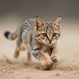macro photo by national geographic of a sand cat jumping from below through sand, fast shutter speed, motion blur, tiny gaussian blur, insanely detailed, insanely intricate, depth of field, low contrast, wide aperture, action photography