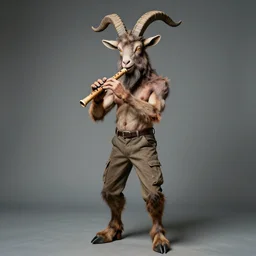 actor Roddy McDowell in Elaborate Pan Satyr Goat Man Makeup and prosthetics designed by Rick Baker, Hyperreal, He has goat man legs, cloven feet and horns, He is holding a Pan Flute, he is wearing cargo pants, photos in the style of Annie Leibovitz