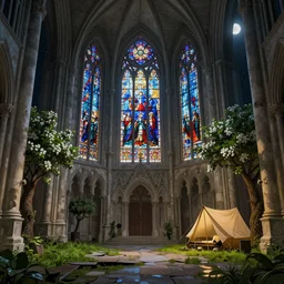 interior of the old cathedral, stained glass, gothic style,trees, bushes, white flowers, green grass, damaged floor, night, moon light, camp, greg rutkowski, fantasy, detailed illustration, hd, 4k, digital art, overdetailed art, concept art, trending on artstation