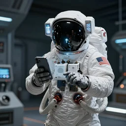 an astronaut from the 6 0 s checking social media on his android phone, science fiction industrial hard science concept art, 8 k render octane high definition cgsociety