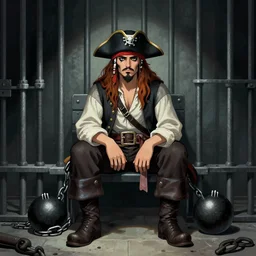 aesthetic digital illustration of a pirate wearing a ball and chain by miyamoto and alex horley - orandelli, sitting in a prison, centered, concept art, deviantart