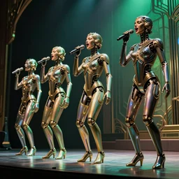 hyperrealistic art deco mechanical iridescent humanoids singing on an art deco stage concept art santiago caruso de chirico sharp dramatic green light 8k low angle shallow depth of field