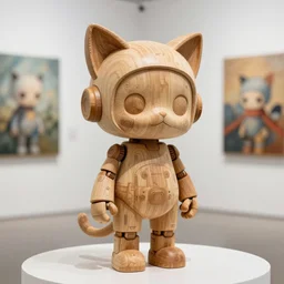8 k octan advertising highly detailed photo, a totally wooden sculpture collectible art toys on feet, very cute cyborg zen with cat ears, cyberpunk a contemporary art gallery sharp focus, masterpiece nofinito