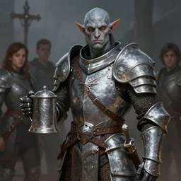 young grey half - orc in silver armor holding a metal tankard, d & d, fantasy, highly detailed, digital painting, trending on artstation, concept art, sharp focus, illustration, global illumination, shaded, art by artgerm and greg rutkowski and fuji choko and viktoria gavrilenko and hoang lap