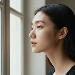 close up of headof beautiful fashion model looking at window in old and dirty room in paris, official vogue editorial, highly detailed