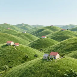 unrealistic rolling hills with unrealistic houses on them, digital art