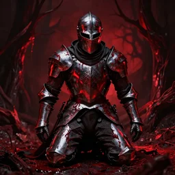 scary knight, red light, covered in blood, in hell, kneeling, photo realistic, 8k, highly detailed, cinematic atmosphere