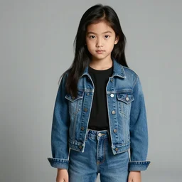 a portrait of a young girl from the 9 0 s wearing jean pants and matching jean jacket with a black shirt, long black hair, studio matte painting, photo - realistic, hyper realism, detailed, sharp, clean, beauty, photographic award winning, trending