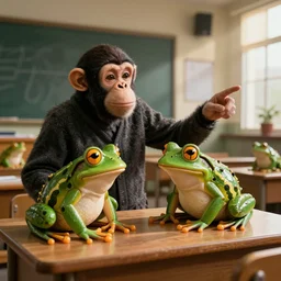 happy ape professor teaching frogs in a class room