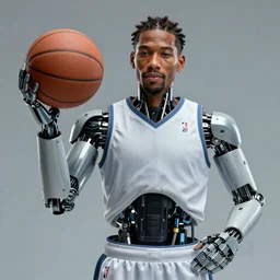 a portrait of kawhi leonard as an android robot holding a basketball by conrad roset, hyperdetailed, cyberpunk, cool, cybernetically enhanced, trending on artstation
