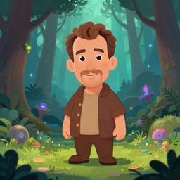 a cartoonish cute anthropomorphic Jerry Seinfeld is in a mystical forest full of wonders, pine trees, magical atmosphere, trending on artstation, 30mm, by Noah Bradley trending on ArtStation, deviantart, high detail, stylized portrait H 704