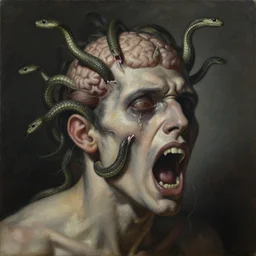 an oil on canvas painting of a screaming decapitated man's partially decomposing face with many biting serpents swarming out of his exposed brain, a surrealist painting, polycount, surrealism, surrealist, lovecraftian, cosmic horror, high detail, chiaroscuro