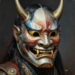 baroque neoclassicist close - up portrait of a cyberpunk warrior wearing a retrofuturistic reflective japanese oni mask. highly detailed science fiction painting by norman rockwell, frank frazetta, and syd mead. rich colors, high contrast, gloomy atmosphere. trending on artstation and behance.