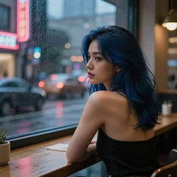 beautiful over the shoulder photograph of a woman with dark-blue hair sitting in a cafe next to a window on a rainy night, outside are neon lights from a busy city, award winninh photo, artstation, atmospheric, high detail