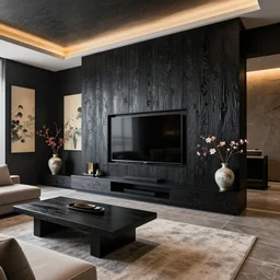 lounge room, stone, interior design, stylish luxury lounge room design, yakisugi, black vertical slatted timber, 7 5 inch tv, textures, feminine, black walls, art, japanese pottery vase with flowers, ikebana, kakejiku, exquisite lighting design, seasonal, japanese influences