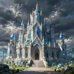 An imposing and highly ornamented fantasy castle, Carved from Sapphire stone, Atmosphere, Dramatic lighting, Beautiful Landscape, Epic composition, Wide angle, by Miyazaki, Nausicaa Ghibli, Breath of The Wild