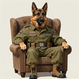 a anthropomorphic german shepherd beast - man, wearing military outfit, sitting on an armchair