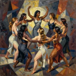 black woman white woman multiracial woman dancing together in a circle, abstract art in the style of cubism and georgia o keefe