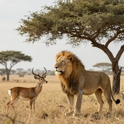 A lion observing a deer from a bush in an African Savannah, digital art, photorealistic ,award winning