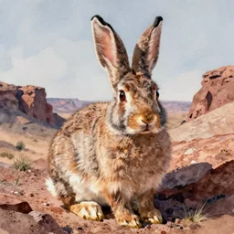 watercolor painting of rabbit in rocky desert landscape closeup, ambient lighting, art by hans gude, art by hans dahl, by jesper ejsing, art by anders zorn, wonderful masterpiece by greg rutkowski, cinematic light, american romanticism by greg manchess, creation by tyler edlin