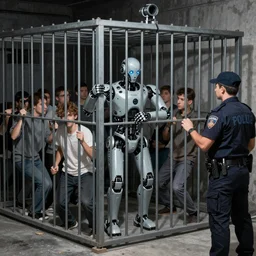 Authoritarian Robot Police Herd Young Men into Cages in a Fascistic Police State, art by Donato Giancola and George Tooker and Marc Simonetti