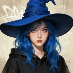 highly detailed closeup portrait of a witch young lady student, blue witch hat, black hoodie, blue eyes, wavy blue hair by atey ghailan, by greg rutkowski, by greg tocchini, by james gilleard, by joe fenton, by kaethe butcher, gradient, blue, black, brown and cream color scheme, grunge aesthetic!!! white graffiti tag wall background