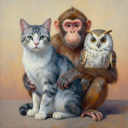 painting of hybrid between cat & & monkey & owl, intercrossed animal, mixture animal, by zdzislaw beksinski, by tiffany bozic, cold hue's, warm tone gradient background, concept art, beautiful composition, digital painting