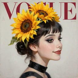sunflower tiara, gothic eye shadow, korean audrey hepburn, vogue magazine, greg rutkowski, john singer sargent, trending on artstation, anime, oil painting, side profile portrait, looking right, smile, intricate