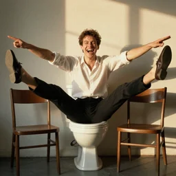 hyperrealistic 1992 Jean Claude Vandamme doing the splits, laughing hysterically, doing the spilts with his legs going pointing two separate directions, between two chairs over a toilet, golden hour, smiling, award winning