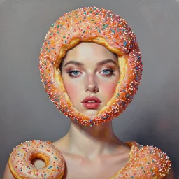 hyperrealism oil painting, fashion model portrait, covered in donut sprinkles