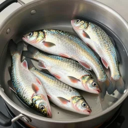 a fish on the top of a pile of fish, inside a cooking pot