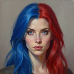 a detailed matte oil on canvas head on symmetrical portrait of a distinguished elven woman with half blue hair and half red hair by charlie bowater, lise deharme, wlop, trending on artstationhd, dungeons and dragons art critical role, half and half hair dye, split hair dye, two tone hair dye, dye hair