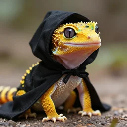 yellow humanoid gecko lizard wearing a black cloak ; hood pulled over head ; large eyes ; yellow skin ; fantasy race