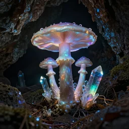 dark cave, iridescent mushrooms, glowing crystals, neon, hyperrealistic