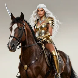 a fantast beauty full body detailed portrait adriana lima on a horse with a curved sword, platinum white wavy long hair, white headband in the front with diamonds, jewelry body armor in golden and silver colors, pointy ears, detailed, epic masterpiece of cinematographic hyperrealism, realistic shaded lighting poster by craig mallismo, artgerm, jeremy lipkin and michael garmash, unreal engine