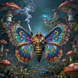 A centered chest up portrait of a psychedelic godlike mothman with giant mandala wings smoking a hand-rolled cigarette smoking heavily , magic mushroom village in background , award winning. superb resolution. in the art style of junji Ito and greg rutkowski . Detailed Mushroom city in background. Hyper realistic anime. Perfect art. Dalle2