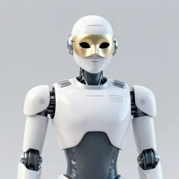 robot with a futuristic white military uniform, carnival mask, clean, designed by Apple and Boston Dynamics, red and white stripes, octane render, 8k HD detailed digital art illustration