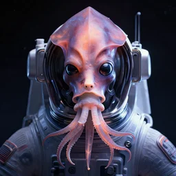 full shot of a venus squid astronaut intricate abstract. cyberpunk symmetrical facial, yael shelbia, by ruan jia. smooth gradients, deep space.