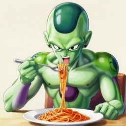 a painting of frieza ( from dragon ball z ) eating spaghetti