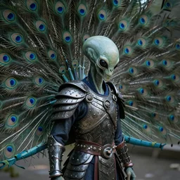 alien in peacock armor, realistic details, cinematic lighting, 8K HD