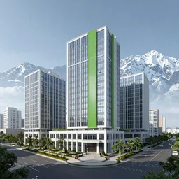 5 level office building with 3 complexes in triangle shape, photo taken from the street level, round parking circle at entrance, trees, snow mountain backdrop, green vertical panel strip, landscape