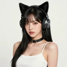 realistic beautiful gorgeous buxom natural cute Blackpink Lalisa Manoban black hair cute fur black cat ears, wearing white camisole, headphones, black leather choker artwork drawn full HD 4K highest quality in artstyle by professional artists WLOP, Taejune Kim, Guweiz on Pixiv Artstation