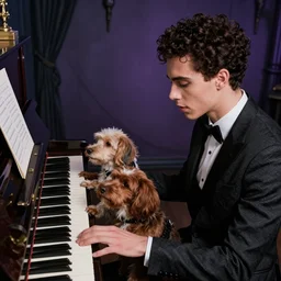 a white person and a black person near the piano keyboard with two dogs by tim burton