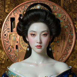 face centered portrait, artwork by james jean, hyperdetailed realistic smooth polished porcelain, beautiful mongolian empress, jean delville, art nouveau, gustav klimt, ornate copper patina gothic icon, james jean, ultrasharp hyperdetailed photorealistic octane render