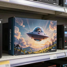 Photo of a GPU box sitting on a store shelf in microcenter with a silly artwork of a cat flying a UFO printed on the box