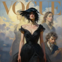 morning, a woman in a black dress with raven for a head. sun, cinematic, clouds, vogue cover style, contracting colors mood, realistic painting, intricate oil painting, high detail, figurative art, multiple exposure, poster art, 3 d, by simon bisley, ismail inceoglu, wadim kashin, filip hodas.