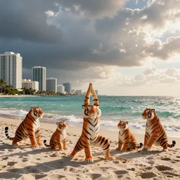 Family of cartoon tigers struggling to do basic yoga poses on Miami beach
