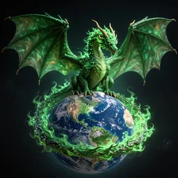 a green fire breathing dragon wrapping its magnificent wings around earth in space, john berkey