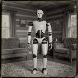 humanoid robot, advanced humanoid robots, sleek robot, in log cabin living room, tintype photograph, daguerrotype, 1 8 7 0 s photograph
